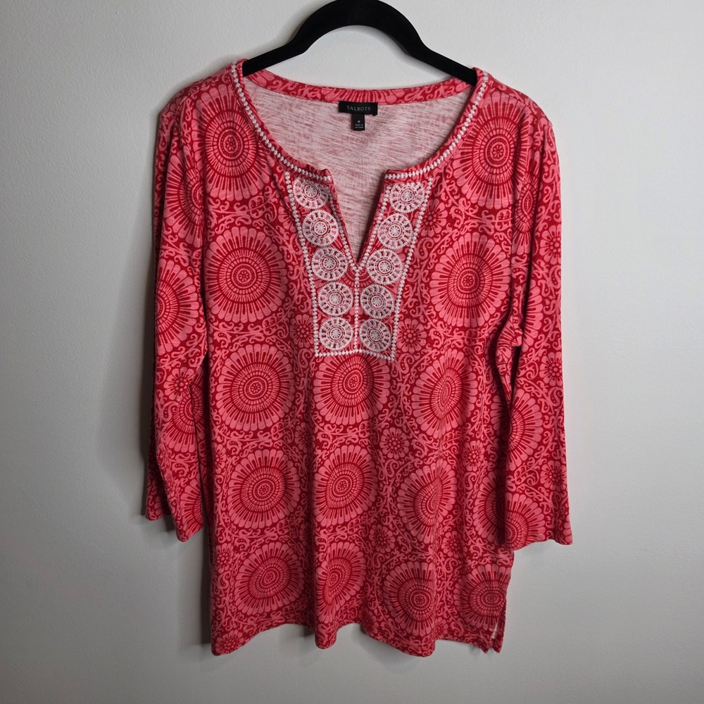 Talbots Tunic Top Womens Medium Pink Red Slub Knit Embroidered Medallion